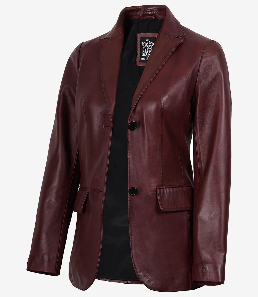 Women's Maroon Waxed Leather Two-Button Blazer Jacket