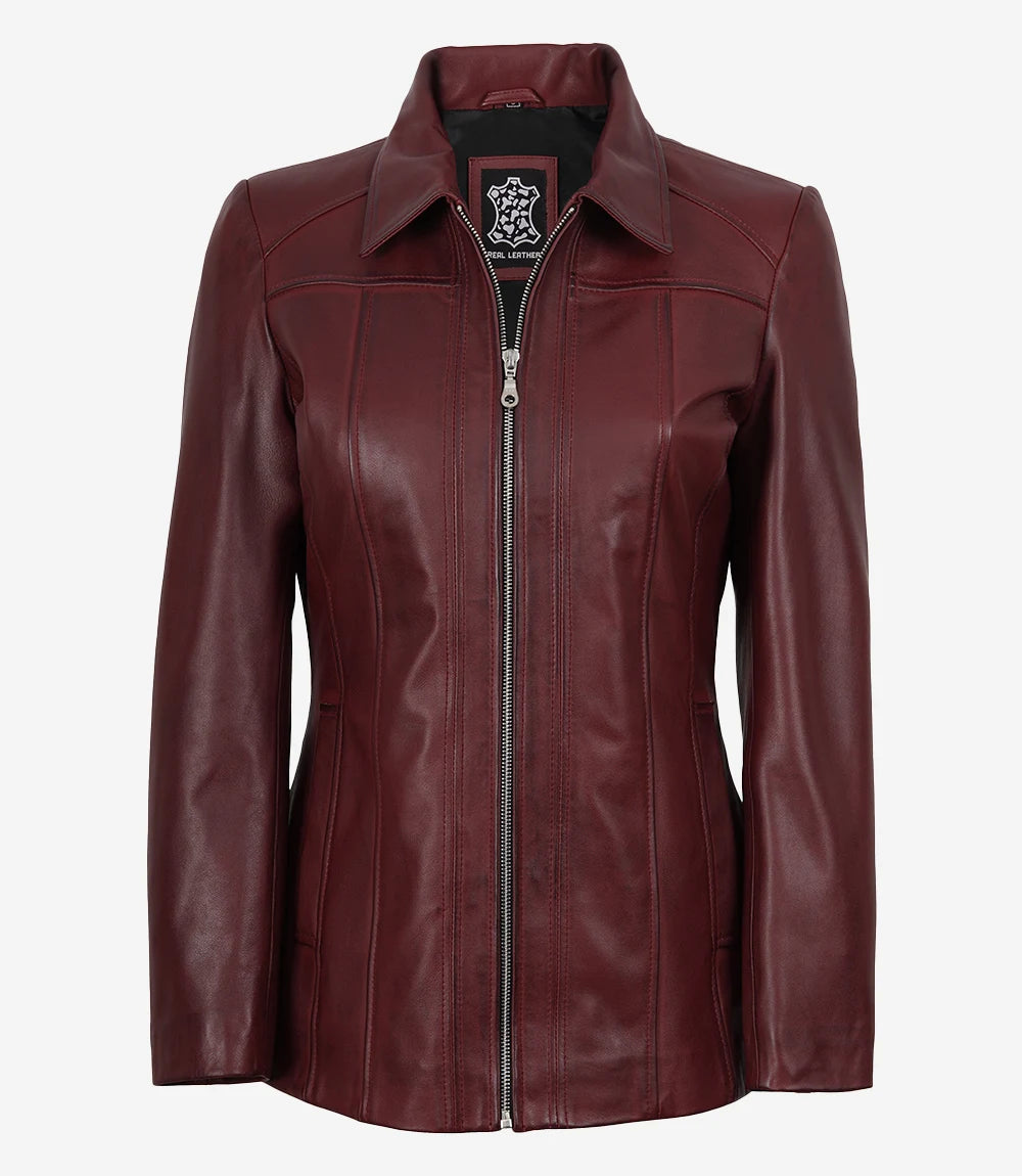 Marsha Womens Maroon Leather Car Coat