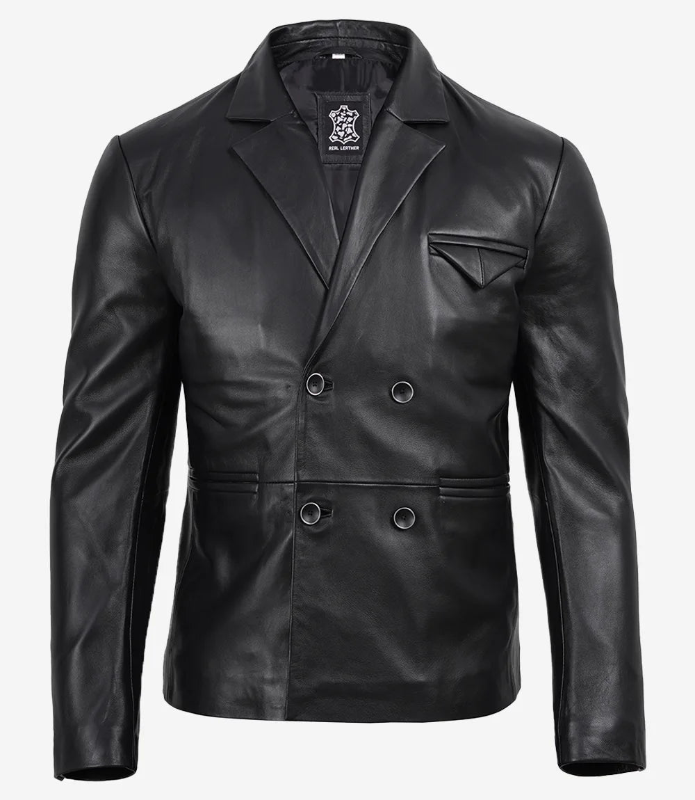 Men's Double Breasted Black Leather Blazer