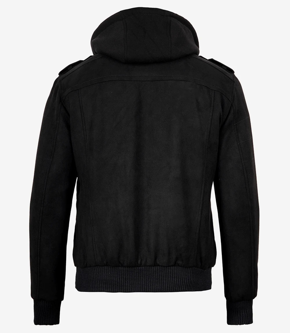 Men's Black Faux Suede Hooded Bomber Jacket