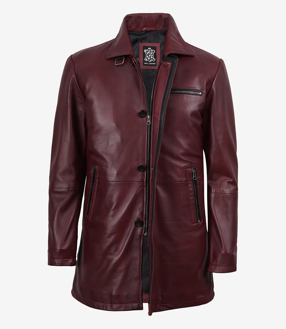 Men's 3/4 Length Burgundy Waxed Leather Coat