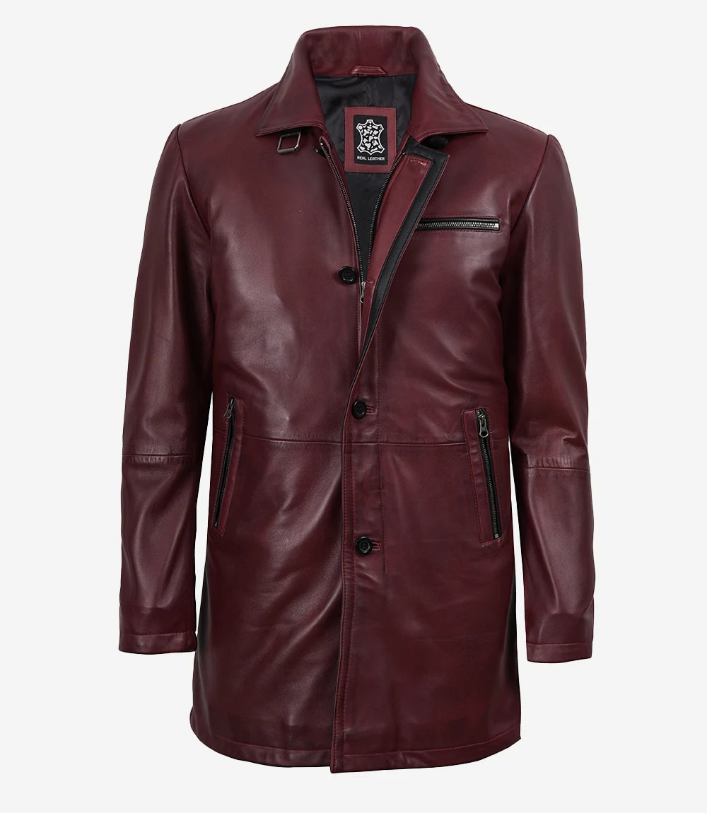 Men's 3/4 Length Burgundy Waxed Leather Coat