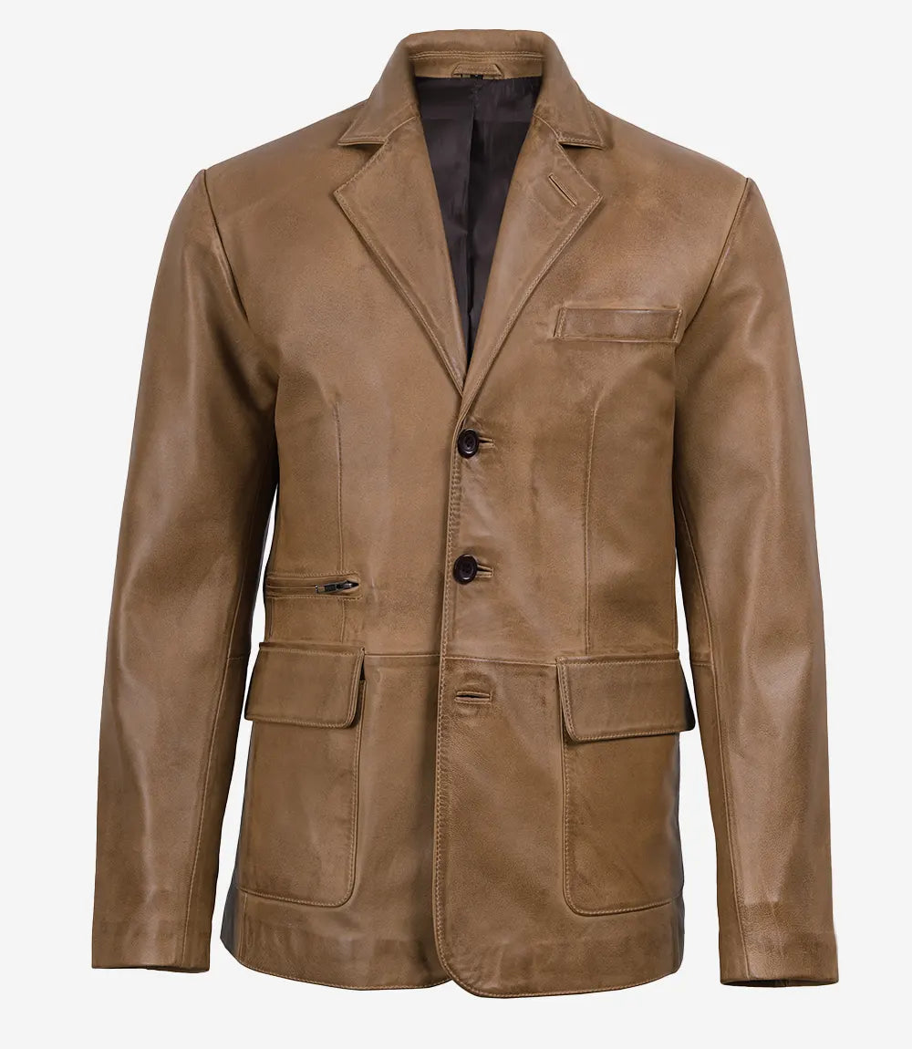 Men's Camel Waxed 3 Button Leather Blazer