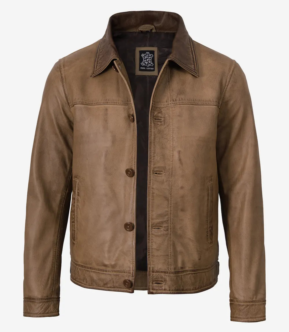 Men's Washed Camel Waxed Harrington Leather Jacket