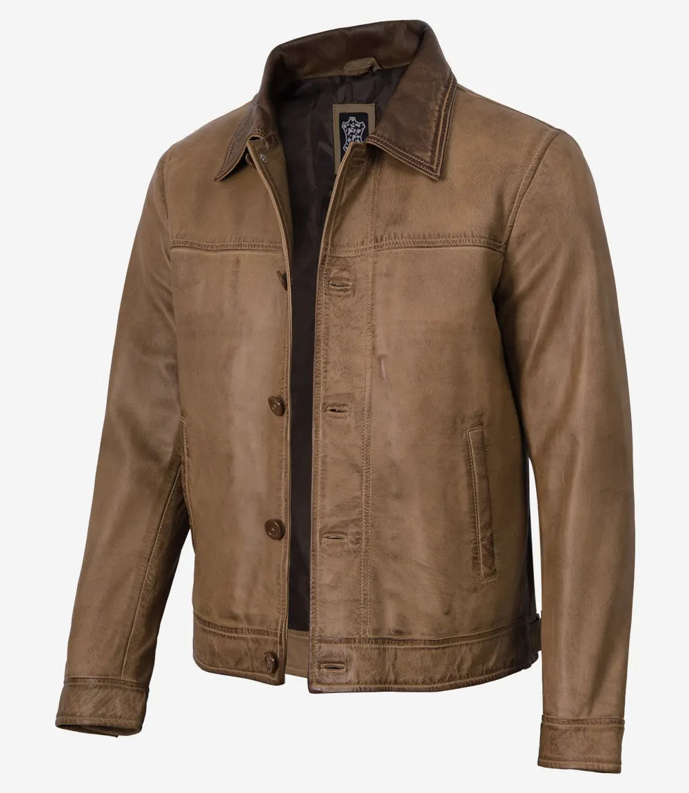 Men's Washed Camel Waxed Harrington Leather Jacket