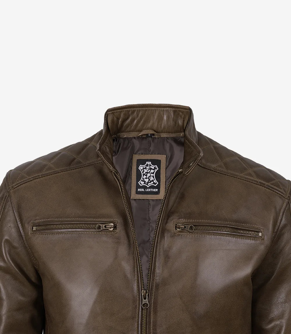 Men's Coffee Waxed Leather Biker Jacket With White Arm Stripes