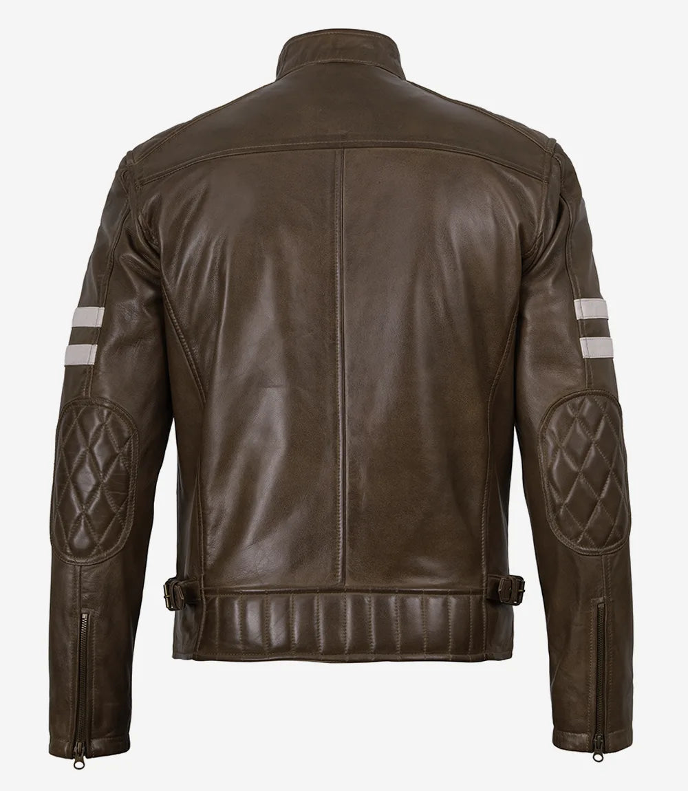 Men's Coffee Waxed Leather Biker Jacket With White Arm Stripes