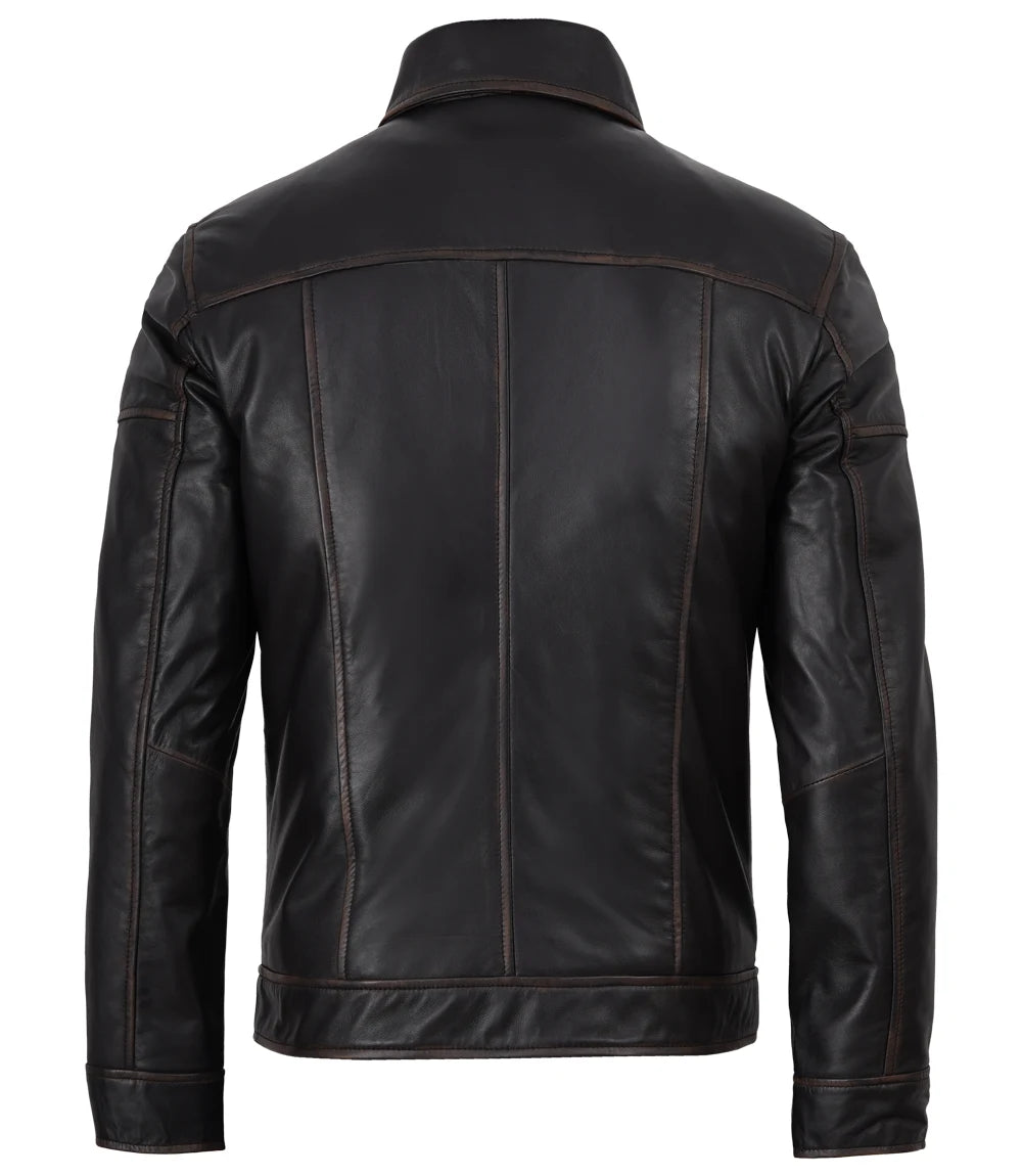 Men's Dark Brown Rub Off Leather Harrington Jacket