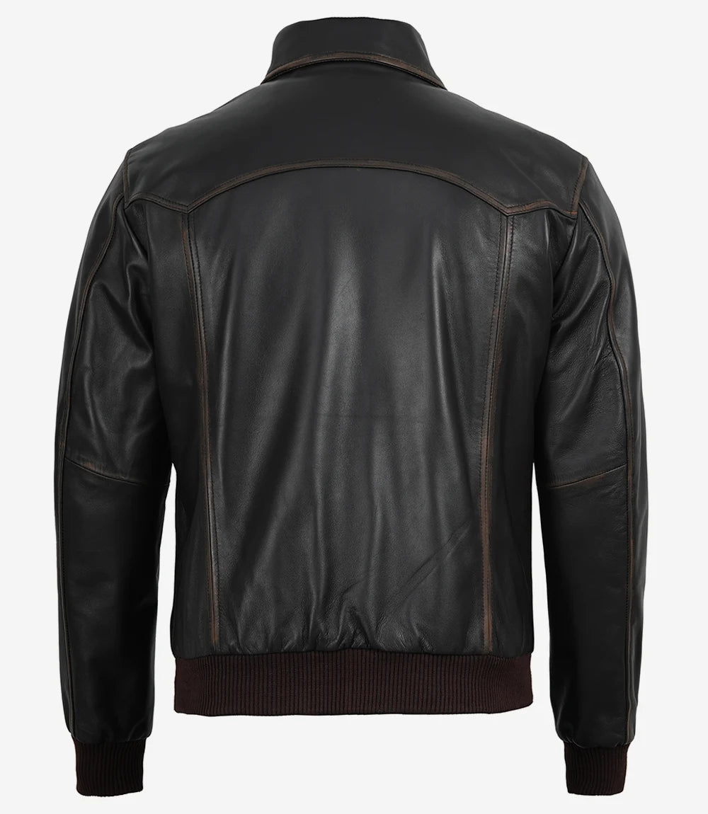 Men's Distressed Brown Leather Bomber Jacket with Shirt Collar