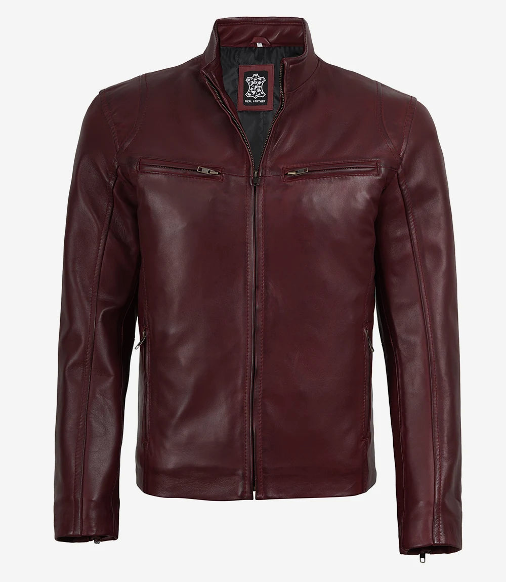 Men's Maroon Waxed Leather Biker Style Jacket