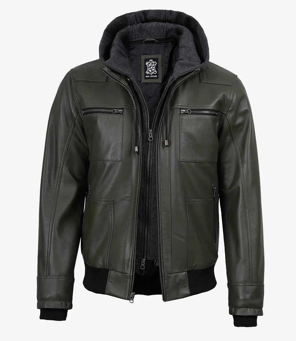 Men's Olive Green Leather Jacket With Removable Hood