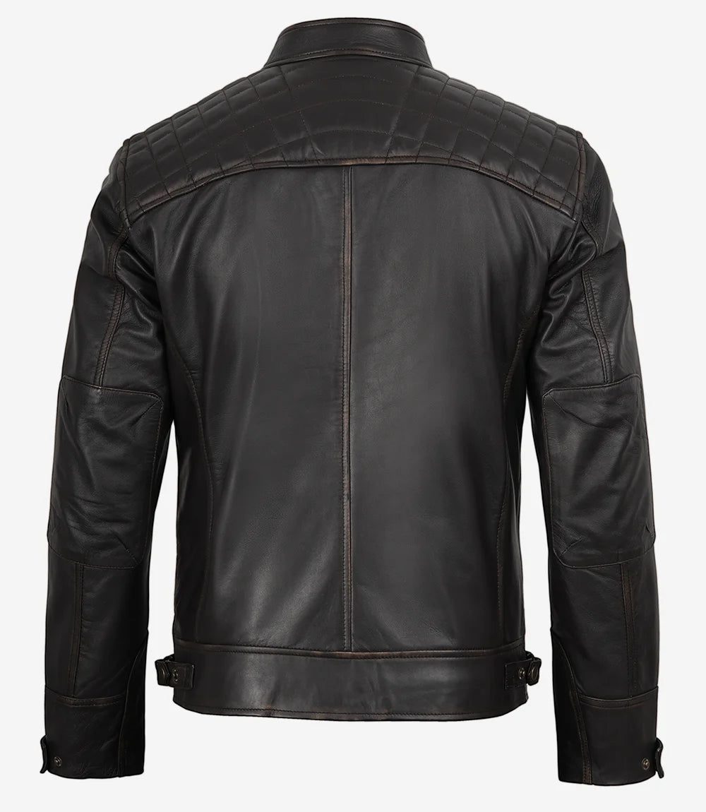 Men's Distressed Brown Biker Style Leather Jacket - Quilted Shoulder