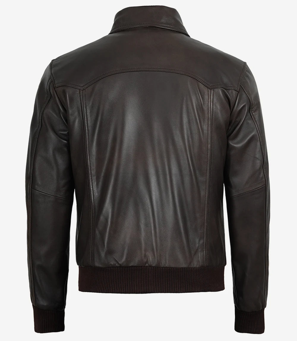 Men's Vintage Brown Leather Bomber Jacket with Shirt Collar