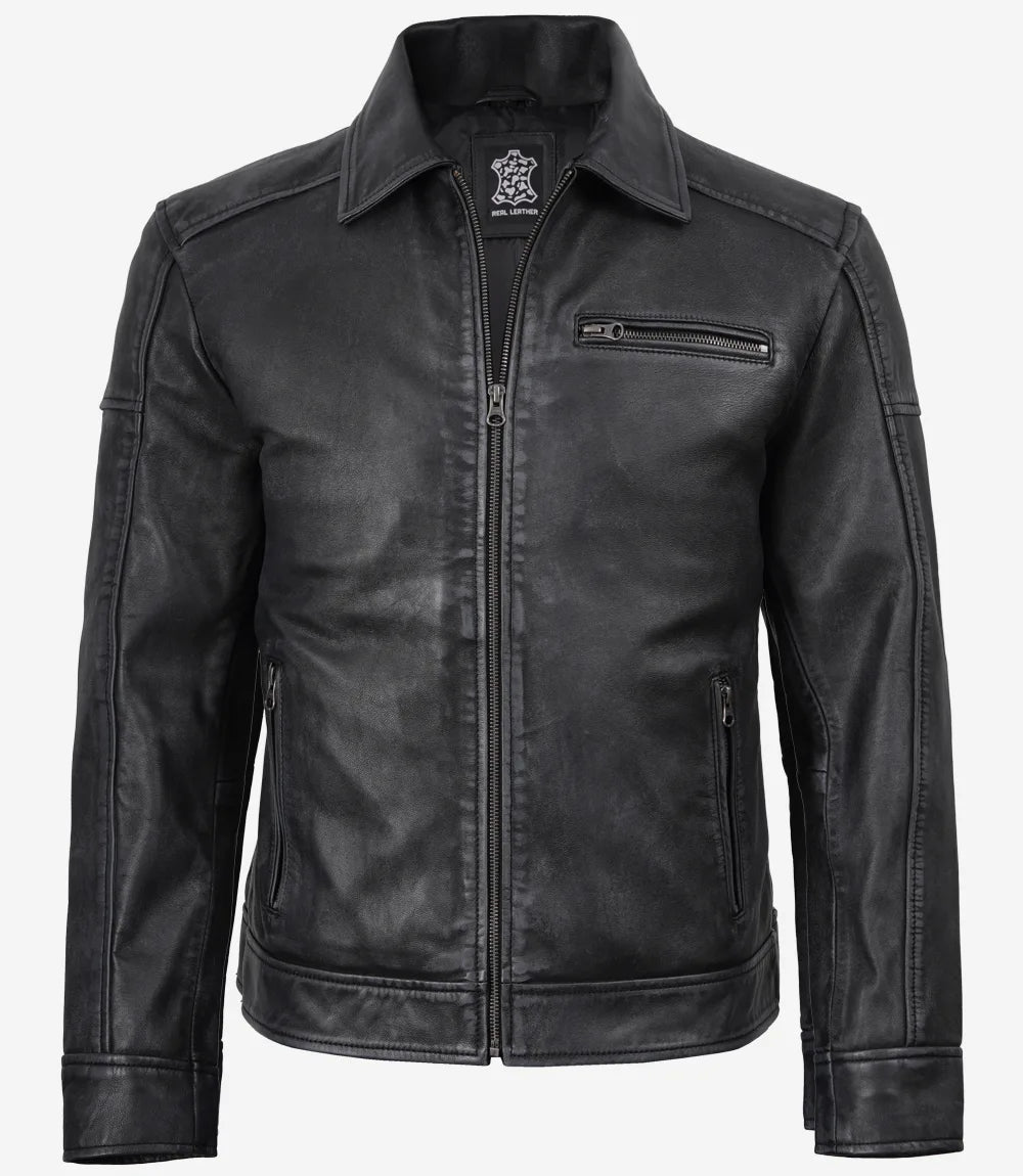 Men's Black Washed Leather Harrington Jacket