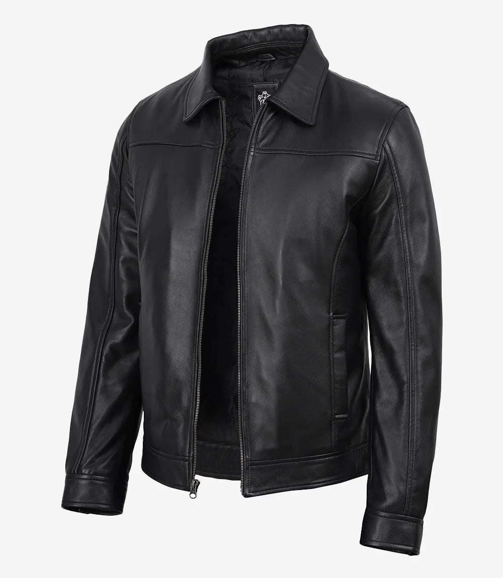 Men's Black Shirt Collar Leather Jacket - Harrington Style - Black