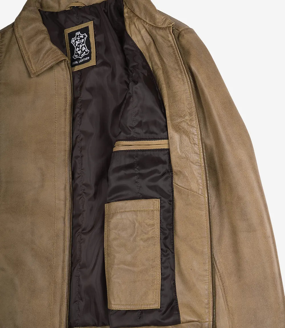 Mens Shirt Collar Yellow Waxed Leather Jacket 