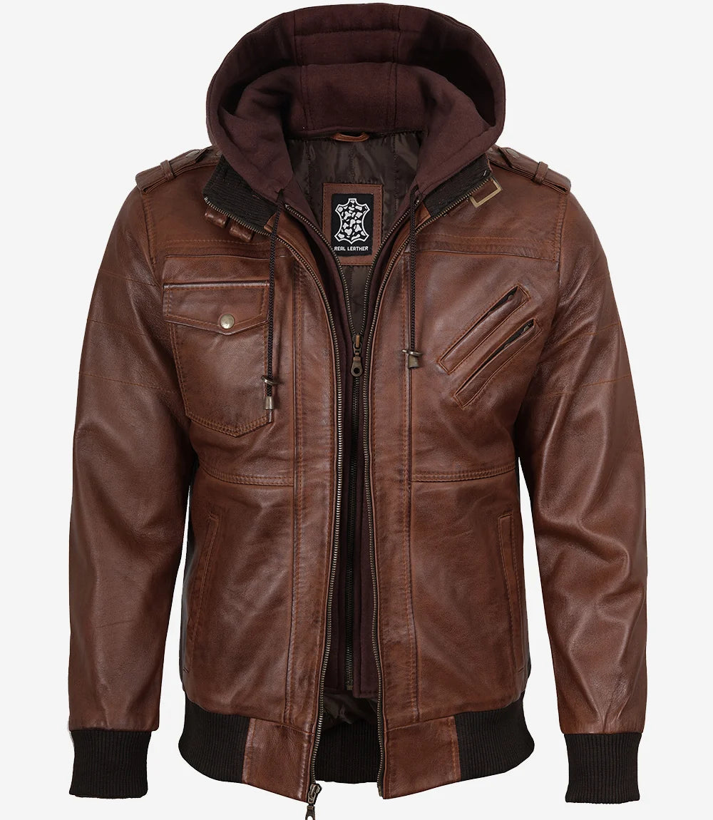 Mens Cognac Leather Bomber Jacket With Removable Hood