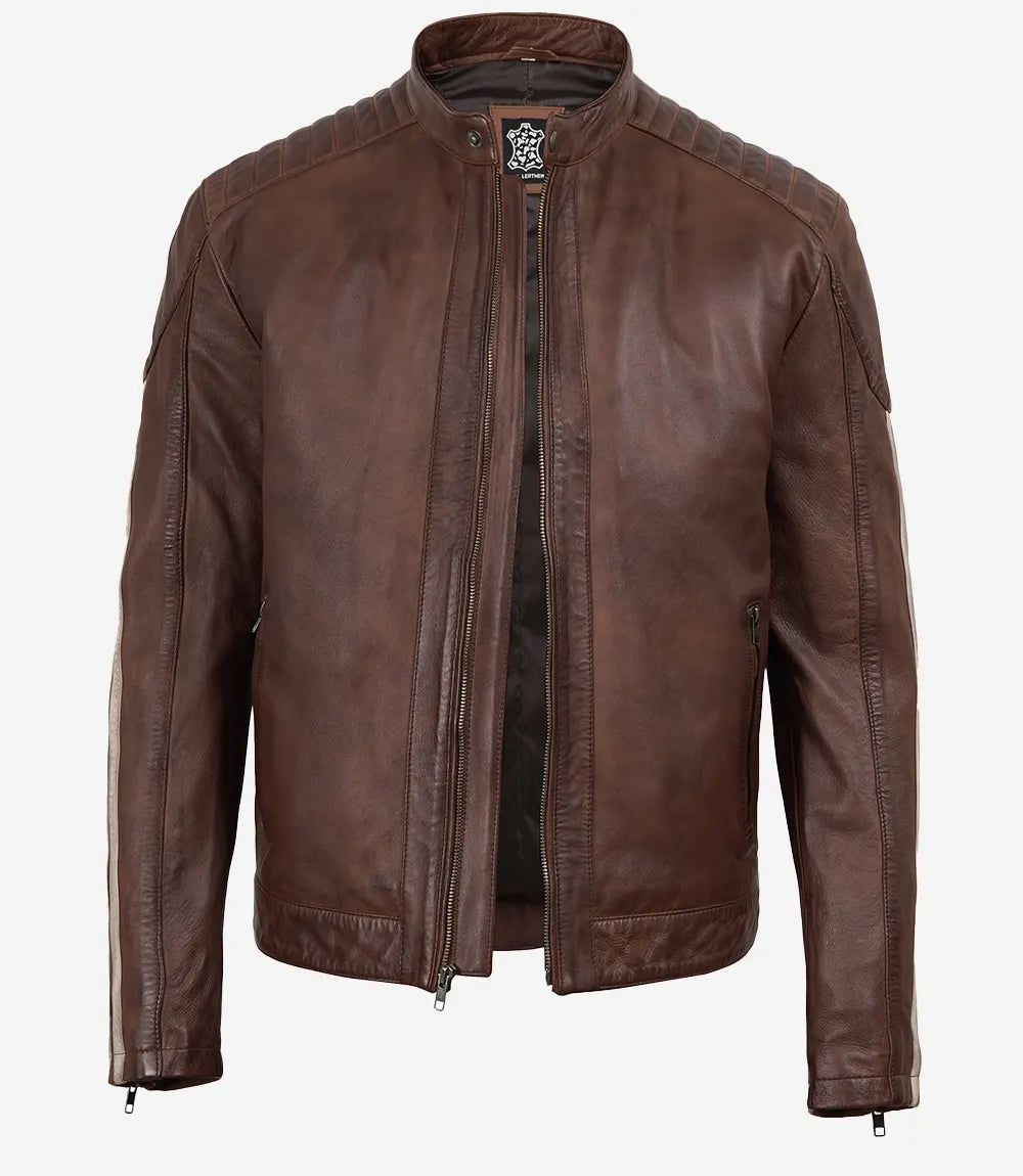Men's Cognac Waxed Biker Style Jacket - Striped Sleeves - Cognac Waxed - view 2
