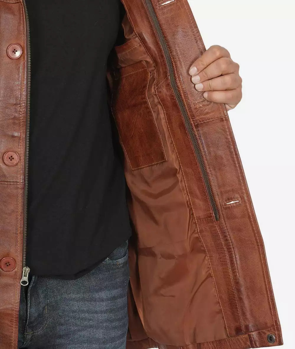 Mens Tall Cognac Waxed Brown Mid Length Leather Car Coat