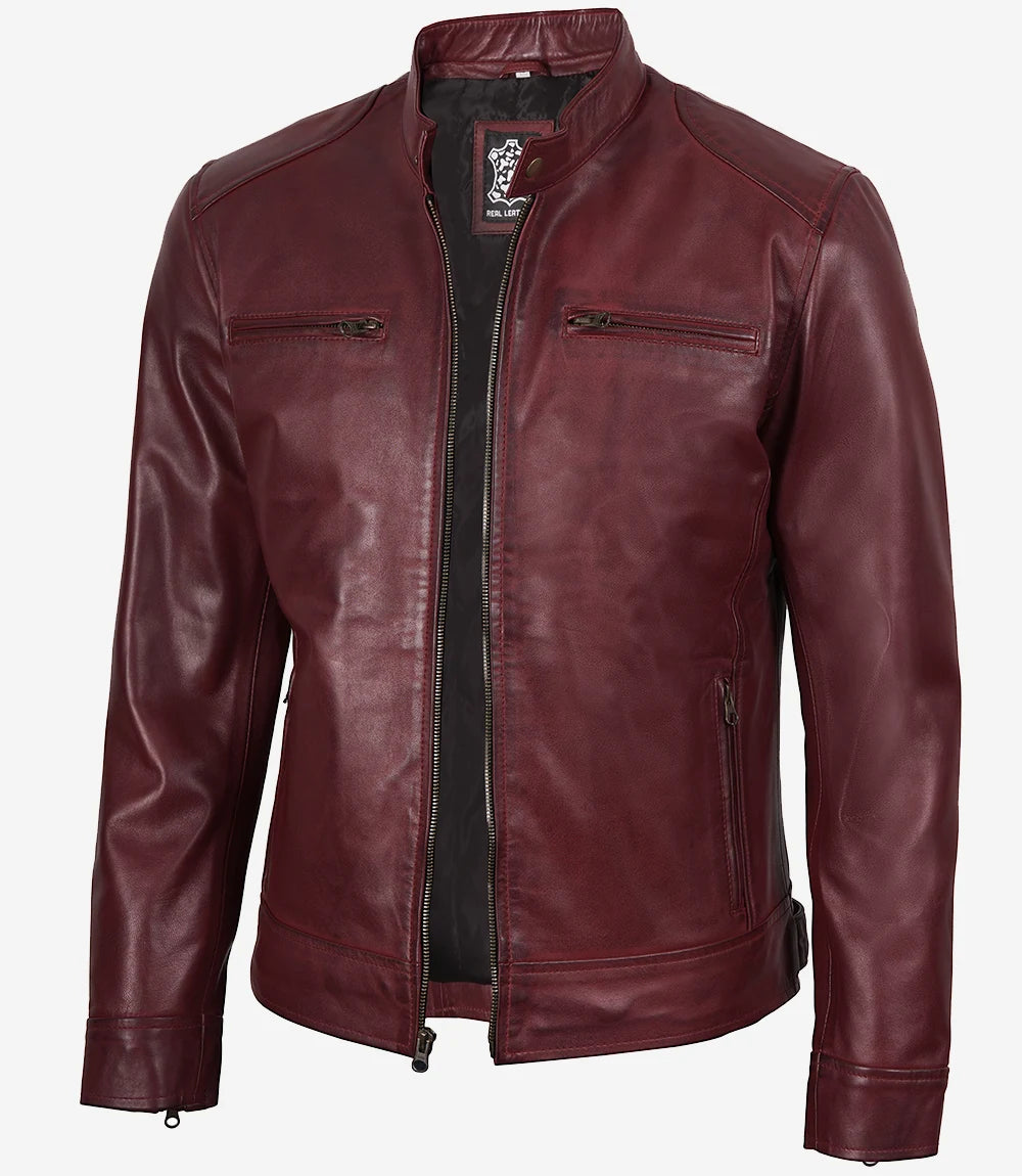 Men's Burgundy Biker Style Leather Jacket