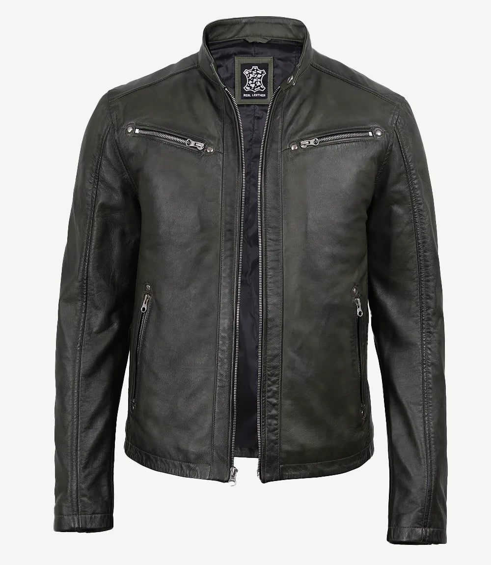 Men's Olive Green Cafe Racer Leather Jacket - Olive Green - view 2