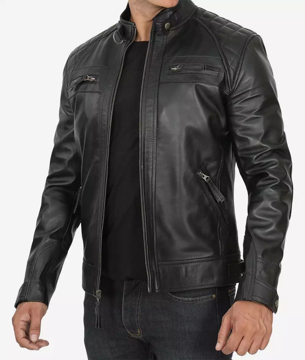 Mens Tall Black Quilted Leather Jacket
