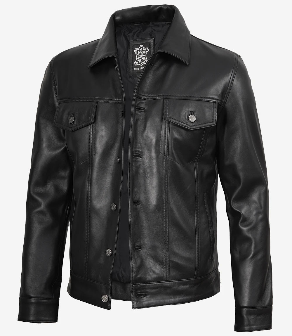 Mens Four Pockets Black Leather Trucker Jacket