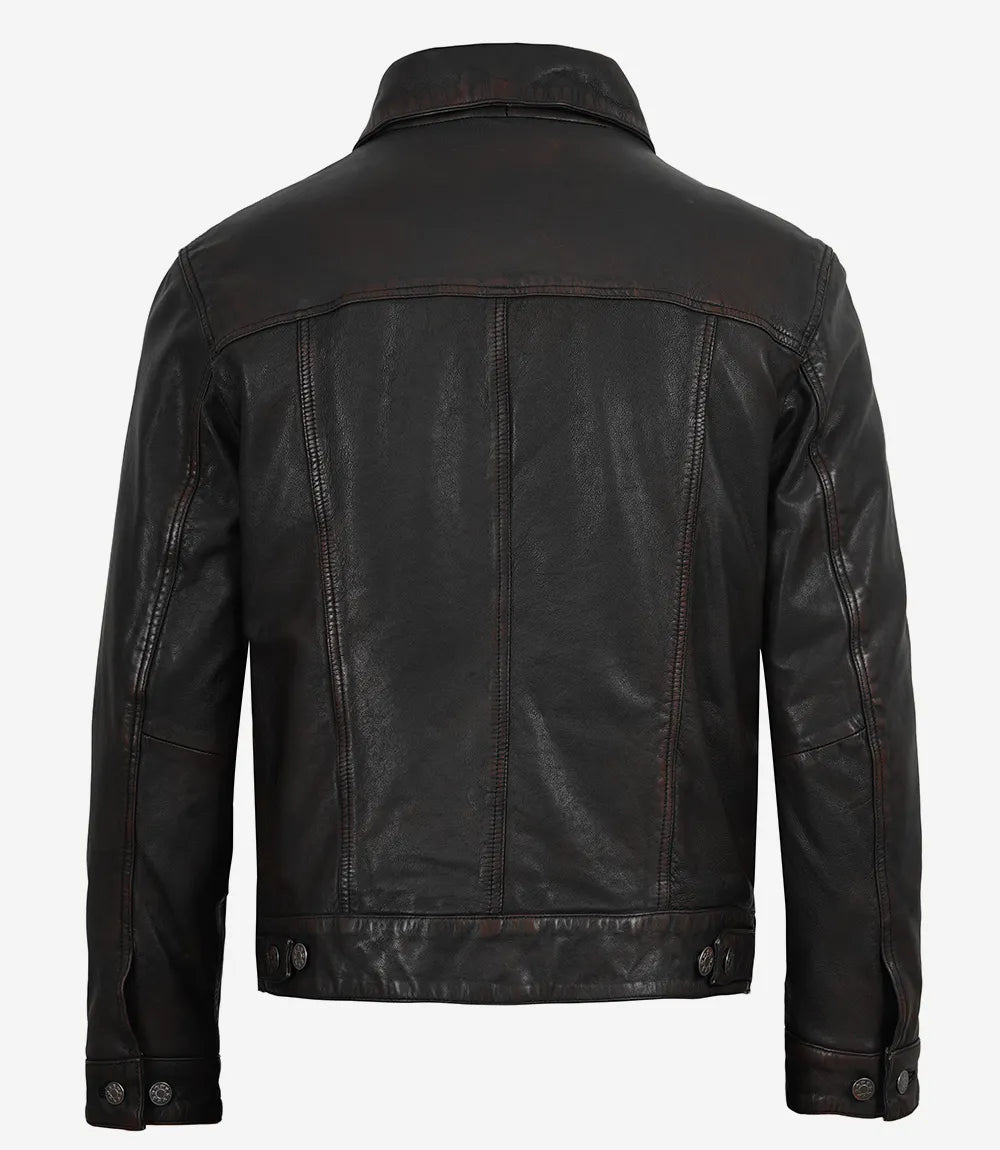 Men’s Black Washed Leather Trucker Jacket – Maroon Waxed Finish