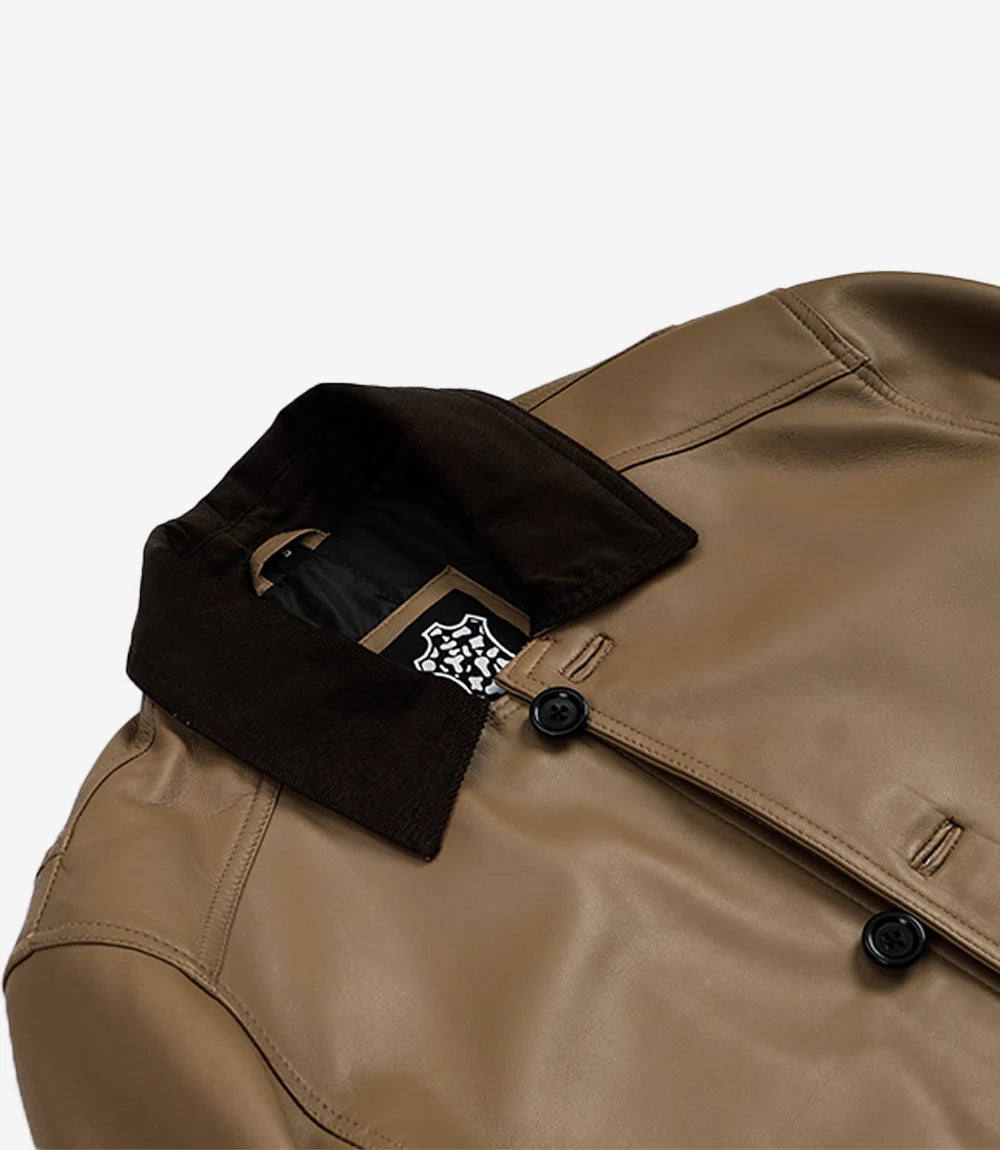 Men's Beige Leather Barn Jacket with Contrast Collar