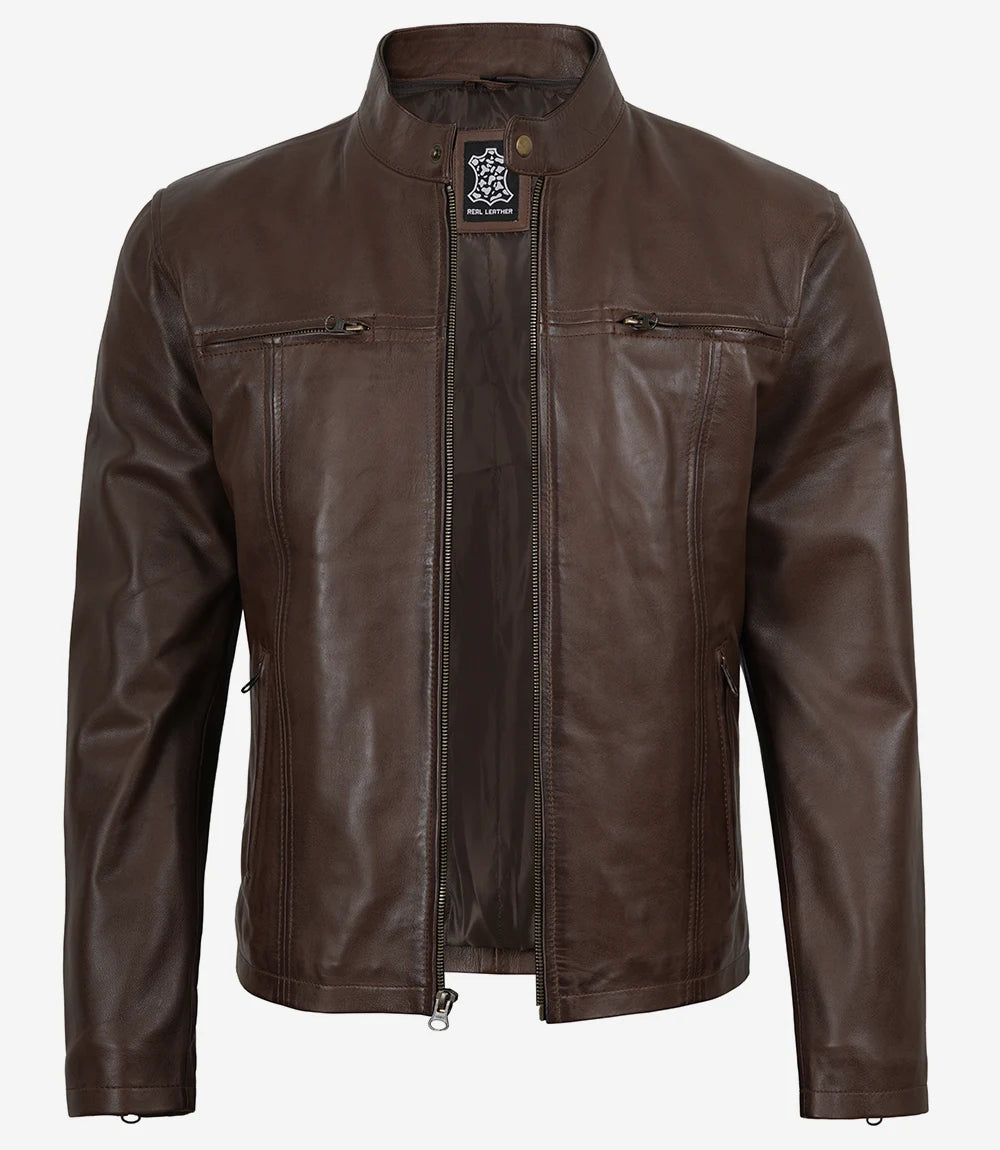 Mens Dark Brown Biker Style Leather Jacket with Hood