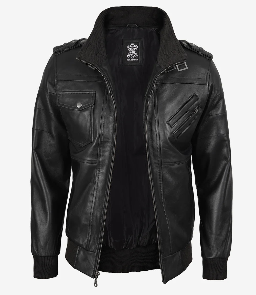 Mens Tall Black Leather Bomber Jacket with Removable Hood