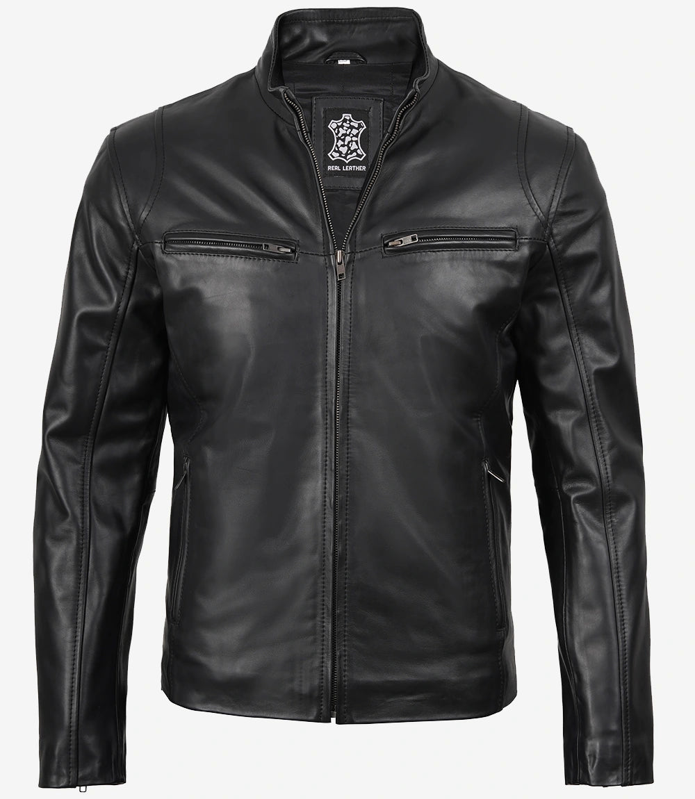 Mens Classic Black Cowhide Biker Style Leather Jacket