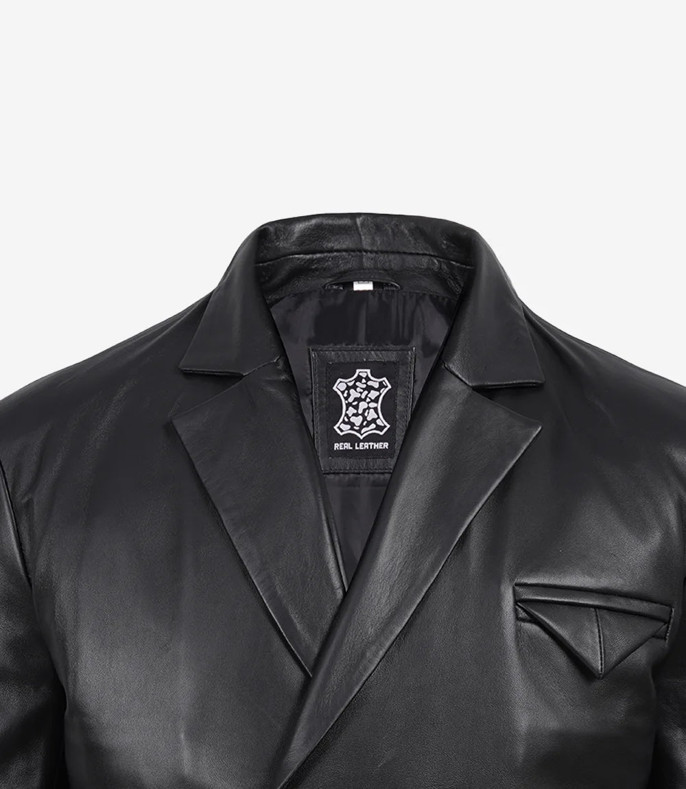 Men's Double Breasted Black Leather Blazer