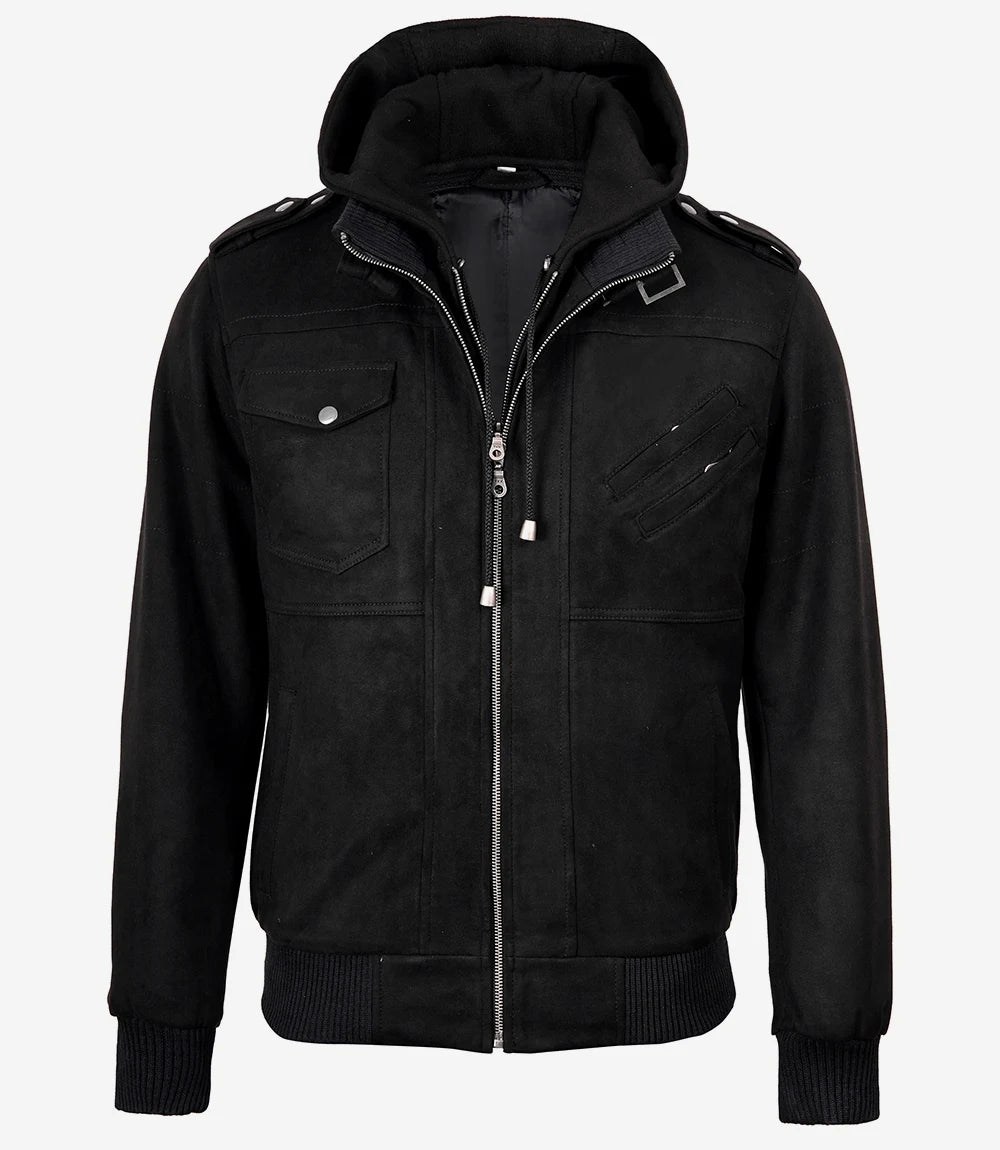 Men's Black Faux Suede Hooded Bomber Jacket