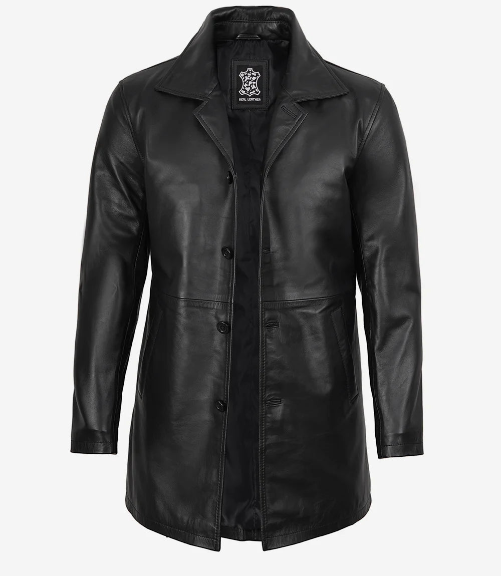 Men's 3/4 Length Lambskin Leather Black Car Coat