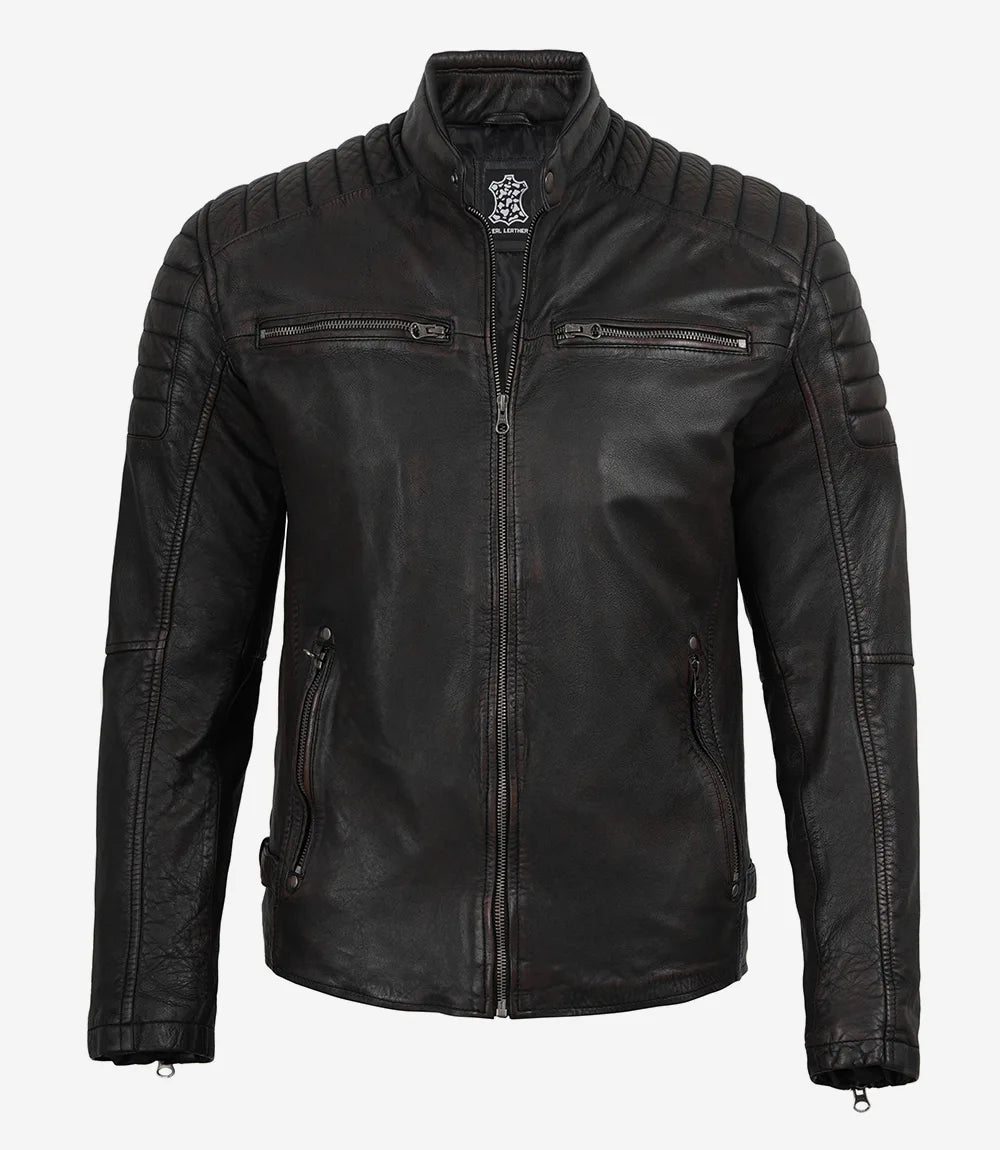 Mens Black Washed Maroon Tone Cafe Racer Leather Jacket