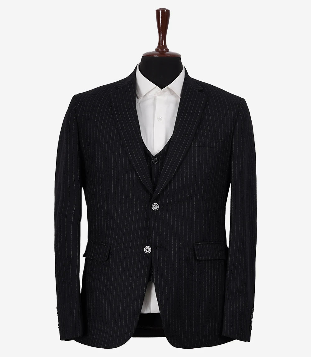 Men's Black Pinstripe Wool-Blend 3-Piece Suit — Notch Lapel