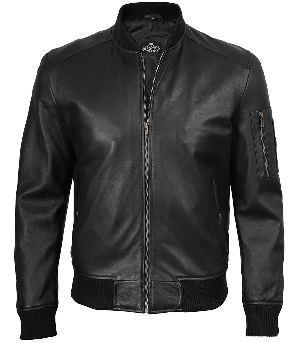 Men's Black Real Leather Bomber Jacket – Minimalist Edition