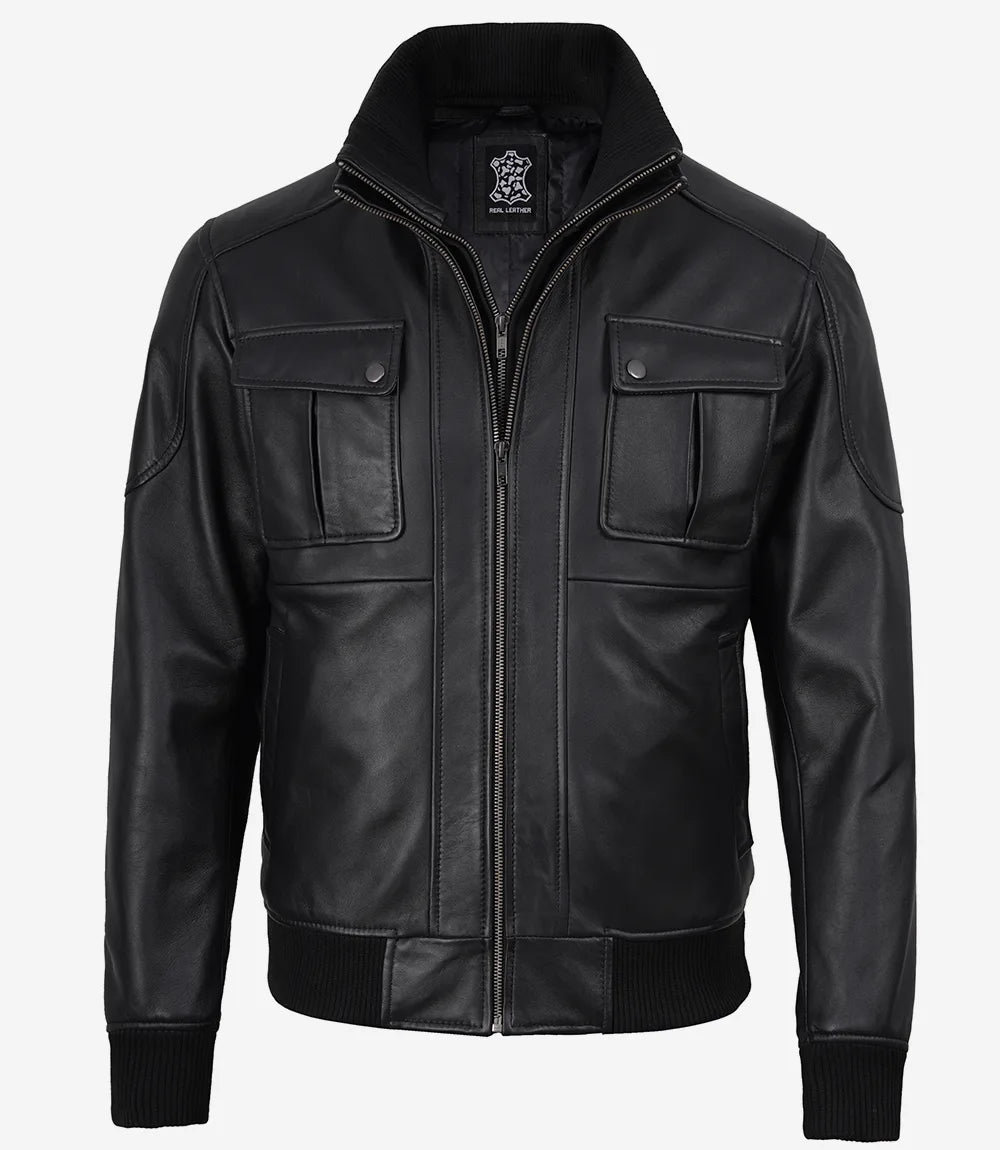 Men's Black Real Leather Bomber Jacket – Detachable Hood