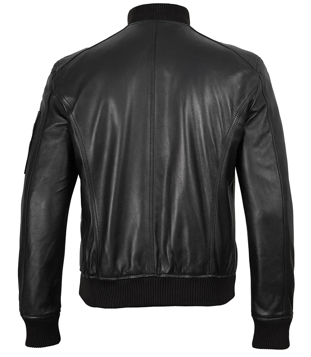 Men's Black Real Leather Bomber Jacket – Minimalist Edition