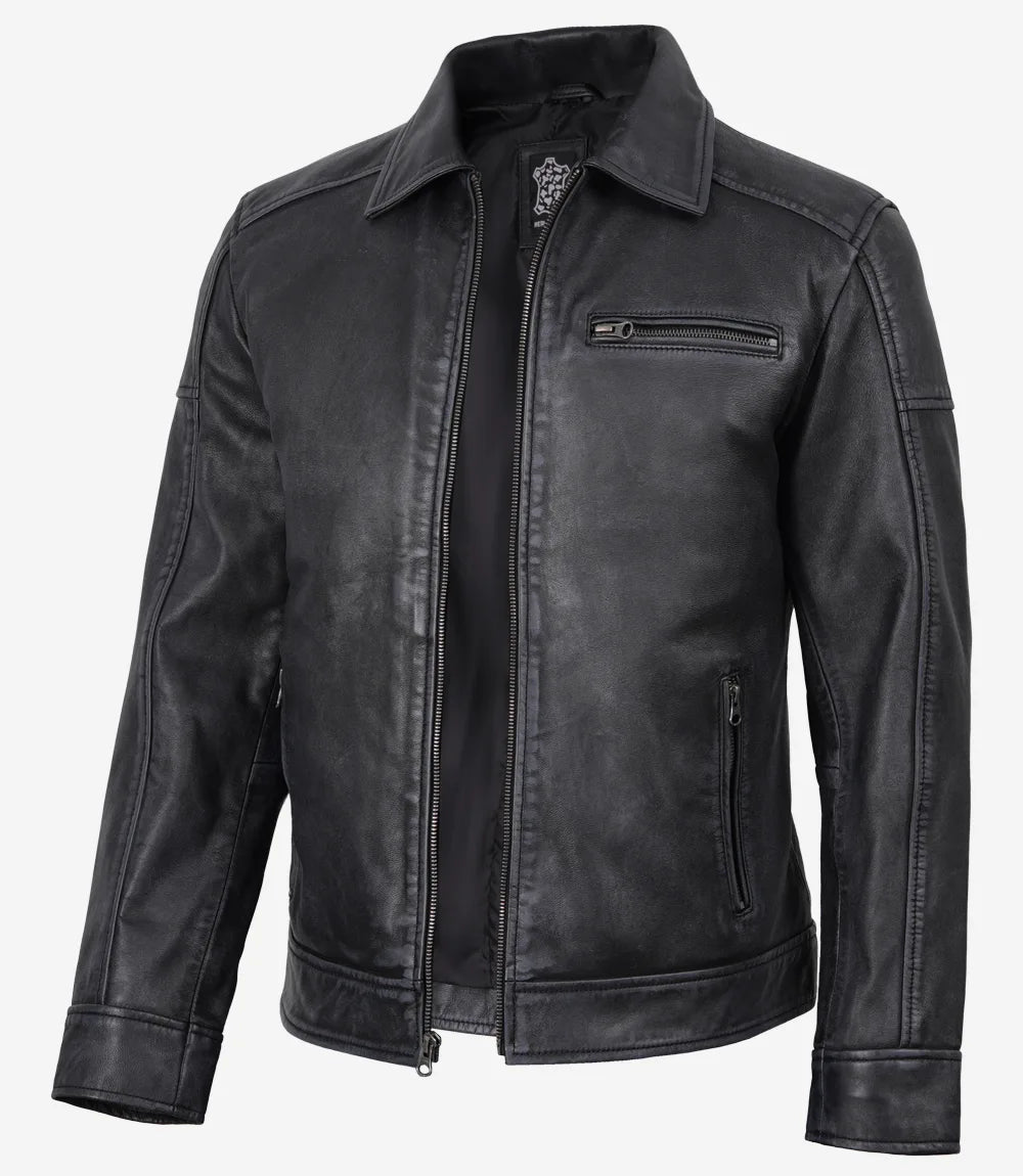 Men's Black Washed Leather Harrington Jacket