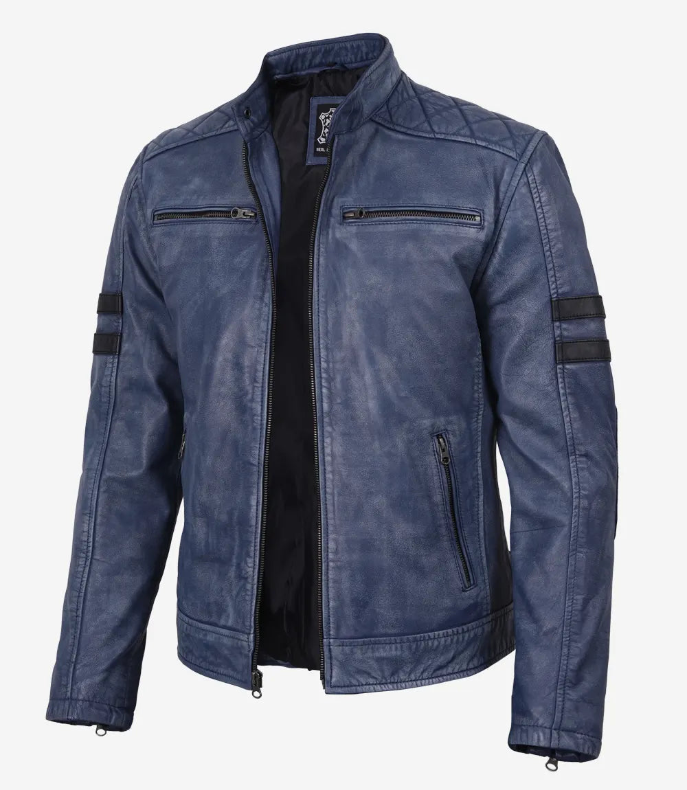 Men's Washed Blue Biker Style Leather Jacket With Black Stripes