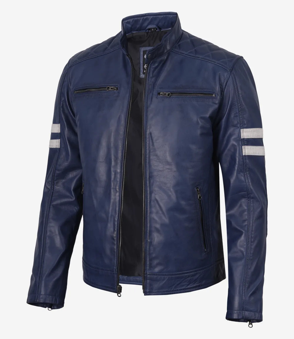 Men's Blue Waxed Leather Biker Style Jacket With White Stripes