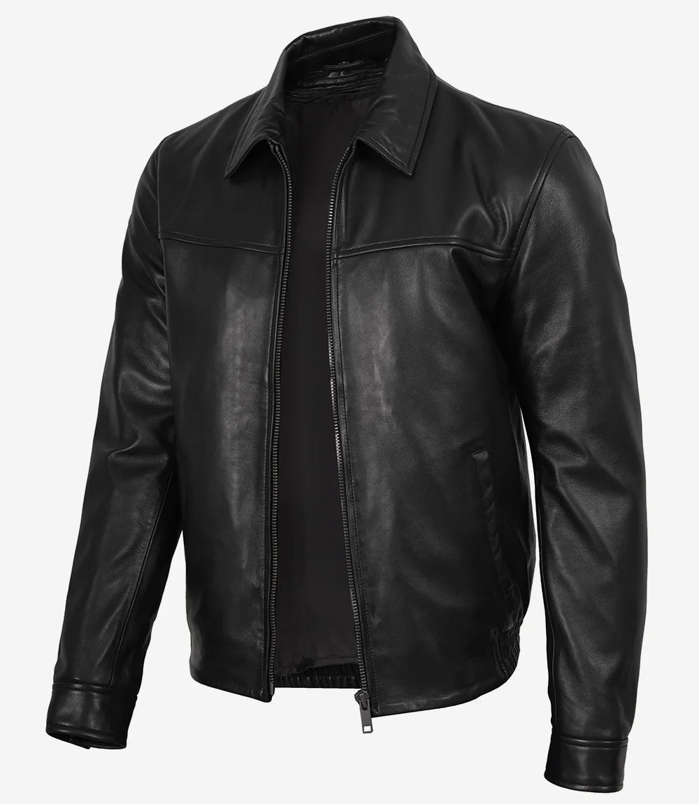Carlton Men's Black Shirt Collar Bomber Leather Jacket