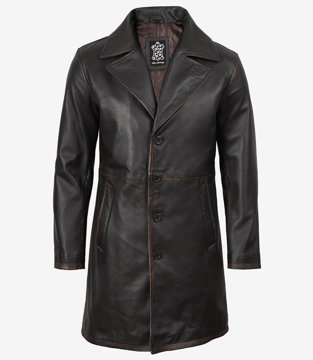 Mens Real Leather Distressed Brown Car Coat
