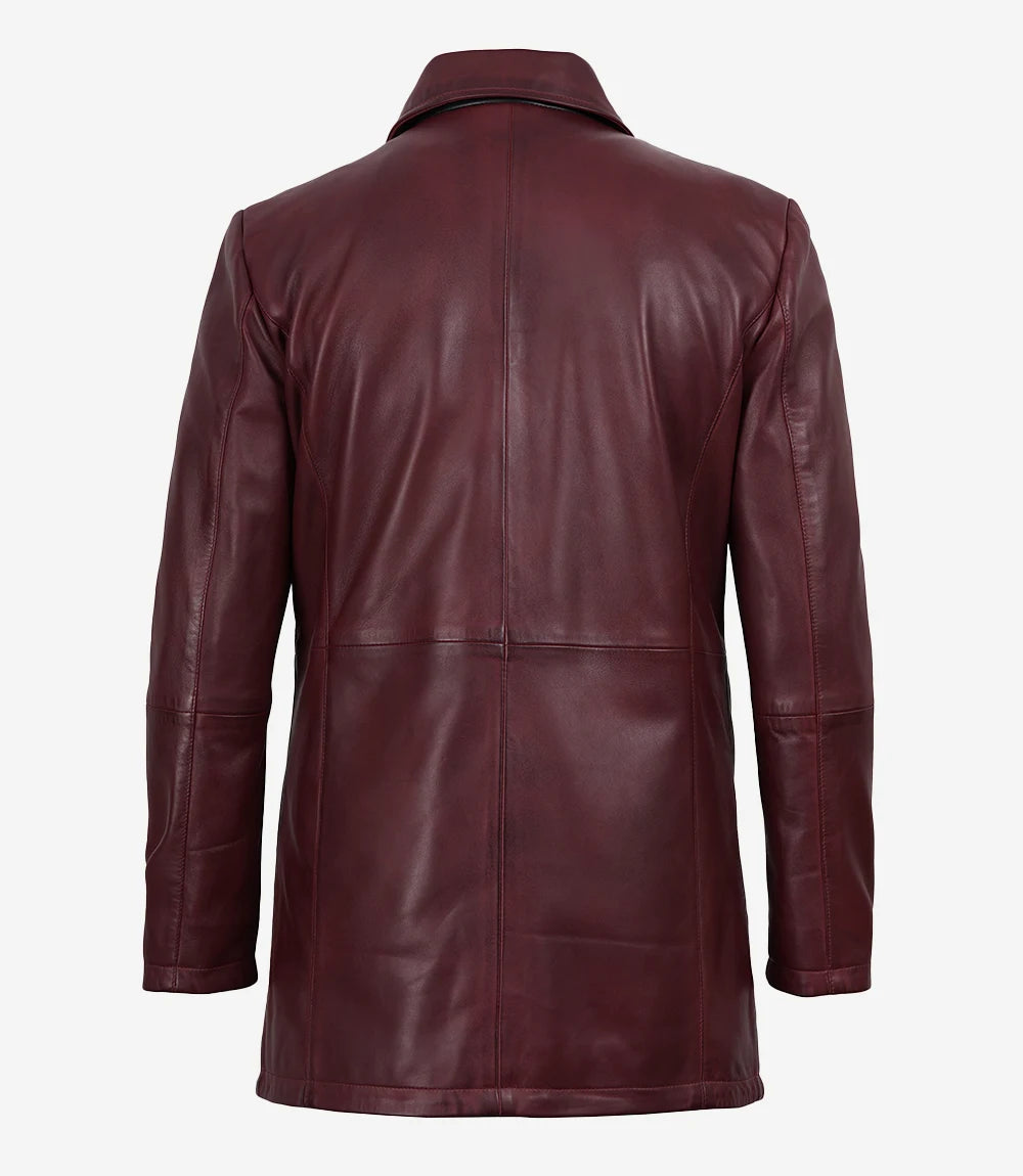 Men's 3/4 Length Burgundy Waxed Leather Coat