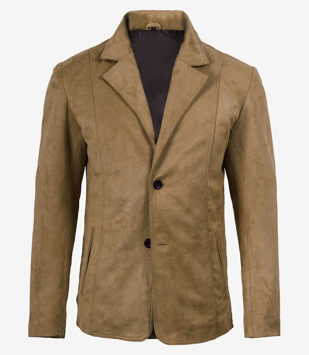 Men's Camel Faux Suede Two-Button Blazer