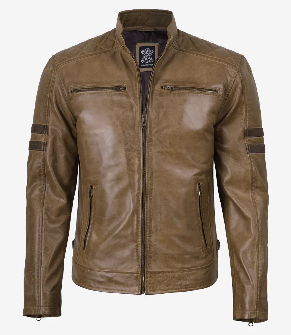 Men's Camel Waxed Leather Biker Style Jacket With Cognac Stripes