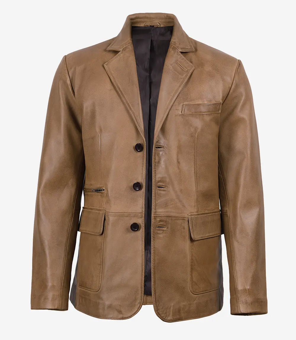 Men's Camel Waxed 3 Button Leather Blazer
