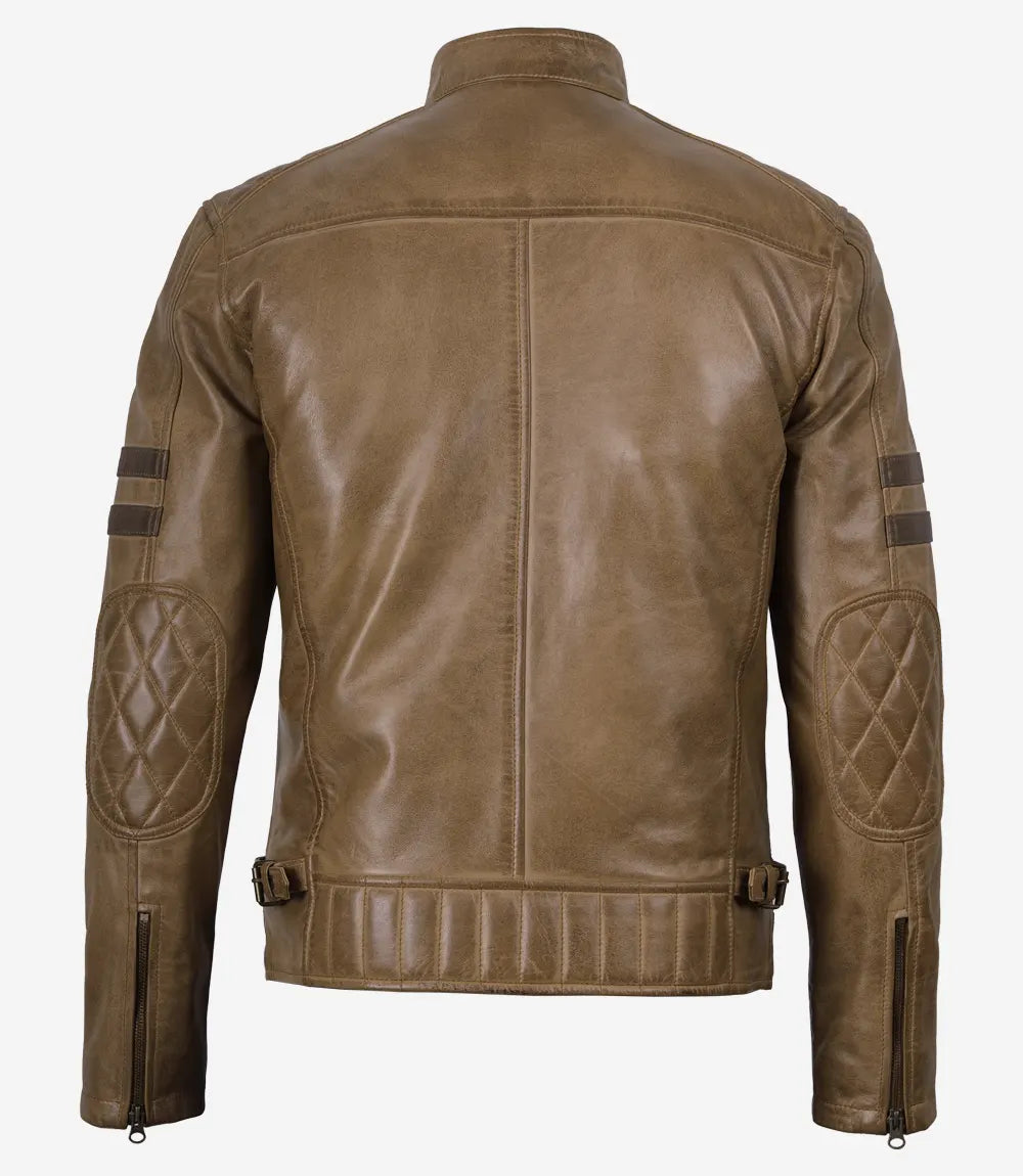 Men's Camel Waxed Leather Biker Style Jacket With Cognac Stripes